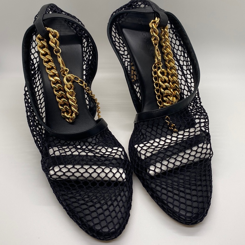 Bottega Veneta Sand Tex Pumps Mesh Gold-Tone Chain Ankle Strap New - Picture 7 of 13